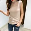 Camisola de Mujer Verano Ropa Exterior Chaleco Cuello Alto Medio Seda de Hielo Lino Alta Elasticidad Tejido de Punto Camisa Base con Top sin Mangas Trbottomy