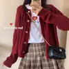 Cárdigan Suéter Corto Rojo Botón Corazón Dulce U77, Estilo Coreano Holgado Adelgazante Suéter de Punto Canalé