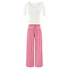 Estilo puramente seductor, escote corazón fruncido tridimensional, camiseta corta de manga corta + pantalones anchos holgados con caída natural, conjunto para mujer