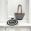 Sombrero de Paja Transfronterizo Bolso de Paja Set de Dos Piezas Sombrero para el Sol Gran Capacidad Bolso Tote Rayado Bolso de Hombro Bolso de Playa Tienda de Fábrica