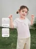 [7A Antibacteriano] Camiseta de Manga Curta para Meninas Pequenas Roupa de Verão para Bebês Top Listrado Roupas Infantis Meninas Gola Azul Marinho