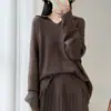 Suéter feminino casual de outono e inverno, 100% lã, com gola estilosa de franjas, corte solto e ombros caídos, atacado