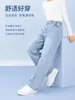 Jeans Reta Coração de Amor para Meninas Azul Claro Cintura Elástica Calças de Perna Larga Jeans Lavado Elástico Médio e Grande para Crianças Calças Longas Roupas Infantis