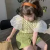 Roupas Infantis Ancorelala Verão Novo Conjunto para Meninas Estilo Coreano Manga Bufante Top e Shorts Conjunto de Duas Peças