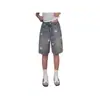 Shorts jeans vintage lavado estilo americano com estampa de estrelas, cintura alta, corte solto, modelagem que afina a silhueta e calças wide leg versáteis para o verão
