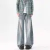 Jeans Azuis Lavados Estilo High Street Americano para Homens, Versátil Casual Wide-Leg para Primavera e Outono, Calças Wide-Leg Largas Soltas