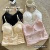 Camisola de Verano Dulce con Encaje de Malla Fruncida de Deseo Puro Estilo Francés, Espalda Hermosa sin Tirantes, Cuello en V, con Almohadillas para el Pecho, Lencería