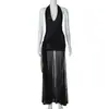 Moda Europeia e Americana Nova Sexy Recorte Decote V Profundo Alça no Pescoço Patchwork Malha Saia Cintura Lateral Nó Vestido para Mulheres