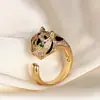 Anel Cruzado Seiko Europeu e Americano Dominador com Diamantes e Cabeça de Leopardo de Olhos Verdes, Feminino, de Alto Padrão, Moderno e Personalizado Aberto