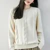 Suéter de tricô de algodão puro com gola redonda e padrão torcido, estilo casual e suave para mulheres, suéter quente de sete pontos espessados, suéter básico de tricô de modelagem solta