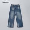 APO Ropa de Hombre Calle Alta Americana Retro Lavado Viejo Rasgado Jeans Moda Masculina Rasgados Sueltos Rectos Pantalones