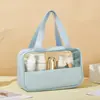 Bolsa de maquillaje de PVC semitransparente empalmada en stock, neceser de gran capacidad, bolsa de almacenamiento de viaje portátil impermeable de PU