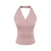 Conjunto de camisola sexy estilo americano com gola halter, novo design com decote profundo nas costas, cintura alta, franzido, cordão, calça cropped casual