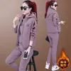 Conjunto de Agasalho Esportivo Espesso com Forro de Lã Tamanho Grande Feminino Outono e Inverno 2023 Novo Casual Conjunto de Três Peças Moda de Inverno para Mulheres
