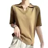 Estilo Verão Novo Tencel Linho Fio Pontilhado Feminino Gola Lapela Tricô Meia-Manga Camiseta Top Fino Pulôver