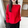 Suéter de punto cálido de lana 100% para mujer, estilo minimalista, cuello redondo, suéter base cálido de punto holgado de manga larga adelgazante