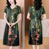 2024 verão novo verde estampa a- linha vestido elegante moda retro mãe vestido de manga curta longo para as mulheres