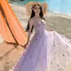 Vestido Morado con Mariposa Tridimensional en Tirantes, Vestido Largo de Malla, Vestido de Tirantes Suave, Tejido de Punto, Corte Ajustado, con Etiquetas