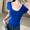 Foto Real de Camiseta de Manga Corta para Mujer Ins Trendy Verano 2025 Nuevo Versátil Cuello Redondo Bajo Clavícula Adelgazante Look Top