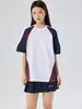 Diseño Elegante, Camiseta de Manga Corta con Cuello en V de Falso Dos Piezas, Estilo Coreano, Sencilla y Versátil, Top Gris para Uniforme Escolar con Cuello Pequeño y Estampado