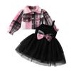 Set de Tres Piezas Popular Transfronterizo para Bebé de Primavera y Otoño de Amazon, Chaqueta a Cuadros de Manga Abullonada, Falda de Gasa con Tirantes y Lazo, Diadema