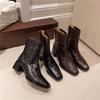 Botas de Moda Elegantes Francesas Femininas Bico Quadrado Couro para o Dia a Dia Salto Grosso Zíper Curtas Elásticas Botas Skinny de Nicho