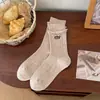 Meias femininas da moda estilo coreano com bordado de cachorrinho de desenho animado, meias sem costura de cano médio, novas meias longas com microcompressão empilhadas para primavera e outono