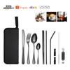 Conjunto de talheres portátil de aço inoxidável para piquenique ao ar livre, faca, garfo, colher, hashis e canudo, 8 peças, bolsa de armazenamento para jantar em família