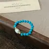 Anel de Pedra Natural Turquesa Pérola de Água Doce com Contas Cordão Elástico Ajustável Abertura Ajustável