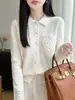 Cardigã 100% lã com gola polo e mangas de crochê, design vazado, caimento solto, emagrece, adequado para o trabalho, peça de tricô externa para mulheres