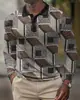 Camisa polo casual y elegante de manga larga con bloques de color, botones únicos, estampado de rombos y estampado digital para ir al trabajo