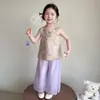 Conjunto de Verão para Meninas 2026 Novo Estiloso Roupas Finas de Verão para Crianças, Conjunto de Duas Peças da Moda Sem Mangas Novo Estilo Chinês para Bebês