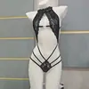 Lencería Íntima y Sexy de Chica Picante con Espalda Descubierta Hueca de Corte Bajo Transparente de Encaje Body Hombros Caídos Qqny