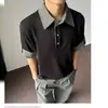 Top de Gola Camisa Patchwork Estilo Miu de Alta Qualidade para Homens e Mulheres, Verão Soltinho, Falso Duas Peças Casal Casual Manga Três Quartos