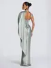 Vestido de Cetim de Luxo Leve Estilo Novo Europeu e Americano 2026 com Design de Gola Sobreposta e Decoração de Fita Lateral Única, Vestido Formal Sem Mangas