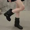 Hebilla de cinturón retro 2026 botas de cuero con caña plisada, nuevo estilo de otoño, botines de tacón grueso para mujer, botines cortos de moda