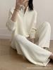 Traje de Punto Estilo Coreano con Doble Cremallera para Mujer Otoño e Invierno Nuevo Conjunto de Dos Piezas con Suéter Cardigan de Cuello Alto y Pantalones
