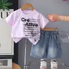 Conjunto de Dos Piezas de Camiseta Redonda con Estampado de Letras Estilo Coreano de Verano para Niños Pequeños y Medianos