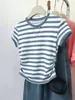 Nueva Camiseta de Manga Corta Rayada 2026 para Mujer, Cuello Redondo, Corte Ajustado, Top de Punto Versátil Color Block de Verano