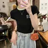 Camiseta Feminina Redonda de Manga Curta de Algodão Nova Transfronteiriça, Novo Estilo de Verão, Top Curto Justo para Garota Popular