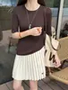 Camiseta de Punto de Manga Corta para Mujer, Cuello Redondo, Corte Ajustado, Favorecedora, Versátil, Top de Nuevo Estilo, Color Sólido, Sencillo, Verano, Tejido Fino