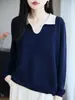 Suéter de punto base para mujer, de manga larga, con cuello de tijera y bloques de color, de lana fina peinada, nuevo para primavera y otoño, corte slim, estilo retro francés