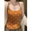 2619 # Camisola de lunares naranja dopamina para mujer, verano, corte ajustado, corta, que revela la cintura, sin mangas