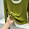 Camiseta feminina de algodão de bambu para outono, corte slim, color block, falsa peça dupla, manga longa, top simples casual moderno