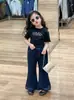 Verão 2025 Novo Estilo Coreano Roupa Infantil Menina Blusa Saia Empilhada Renda de Orelha Doce Camiseta de Alça