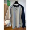 Camiseta de Manga Larga Raglán con Retazos Rayados para Mujer Talla Grande para Primavera y Otoño, Corte Holgado, Adelgazante, Cubre el Vientre, Top Oversized