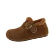Zapatos de algodón para mujer con forro de felpa, estilo vintage con cinturón y hebilla cálida, suela gruesa con aumento interno de altura, color café 2026, mules slip-on de otoño e invierno