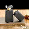 Venta al por mayor, botella de perfume con atomizador fino de vidrio cuadrado plano negro de 15 bayonetas con tapa, envase cosmético, botella vacía de vidrio