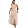 8213 Ropa Femenina Transfronteriza Europea y Americana, Vestido Largo de Color Sólido sin Mangas con Cuello Diagonal Plisado Ajustado al Cuerpo con Abertura, Vestido de Noche Talla Grande