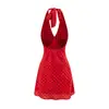 Vestido Sexy de Estilo Europeo y Americano sin Espalda con Cuello Halter y Lazo Estampado de Lunares Verano Ceñidor de Cintura Ajustado Vestido Corto Hot Girl para Mujer